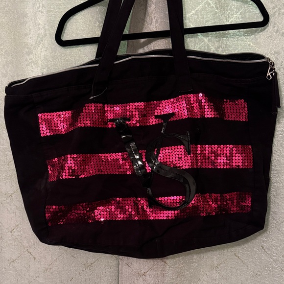 Victoria's Secret Black Tote with Pink Sequin Stripes - Picture 1 of 2